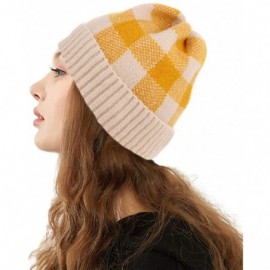 Skullies & Beanies Winter Soft Stretch Buffalo Plaid Cuff Beanie Hat Thick Chunky Warm Knit Skull Ski Cap - Beige/Yellow - CY...