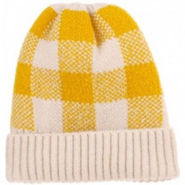 Skullies & Beanies Winter Soft Stretch Buffalo Plaid Cuff Beanie Hat Thick Chunky Warm Knit Skull Ski Cap - Beige/Yellow - CY...