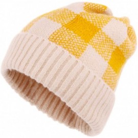 Skullies & Beanies Winter Soft Stretch Buffalo Plaid Cuff Beanie Hat Thick Chunky Warm Knit Skull Ski Cap - Beige/Yellow - CY...