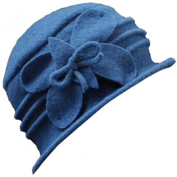 Skullies & Beanies Women 100% Wool Felt Round Top Cloche Hat Fedoras Trilby with Bow Flower - A1 Blue - C0185AMS3H7 $16.06