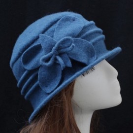Skullies & Beanies Women 100% Wool Felt Round Top Cloche Hat Fedoras Trilby with Bow Flower - A1 Blue - C0185AMS3H7 $16.06