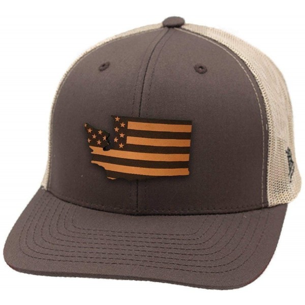 Baseball Caps 'Washington Patriot' Leather Patch Hat Curved Trucker - Brown/Tan - CT18IGQUDSG $22.31