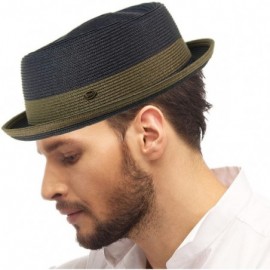 Fedoras Men's Everyday 2tone Light Summer Porkpie Boater Derby Fedora Sun Hat - Navy - CQ18DIWSY67 $31.18