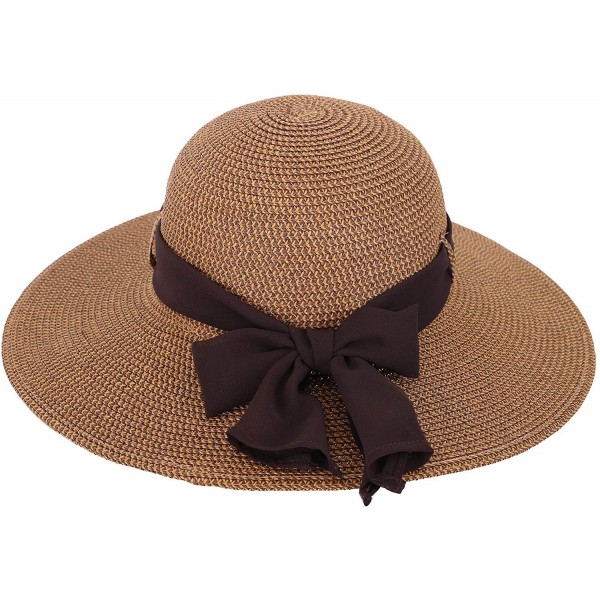 Sun Hats Straw Hat Women's Wide Brim Summer Beach Sun Hat w/Bowtie Ribbon - Brown - CL18EXNCE2E $21.48