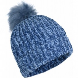 Skullies & Beanies Urban Winter Ultra Soft Chenille Warm Velvet Chunky Knit Stretch Cuff Beanie Hat with Faux Fur Pom - CD18Y...