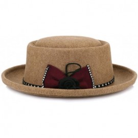 Fedoras Wool Flat Top Floral Bow Fedoras Hat for Women's Wide Brim Fedora Hat Lady Felt Retro Bowler Gambler Roll up Hat - CV...