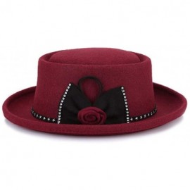 Fedoras Wool Flat Top Floral Bow Fedoras Hat for Women's Wide Brim Fedora Hat Lady Felt Retro Bowler Gambler Roll up Hat - CV...