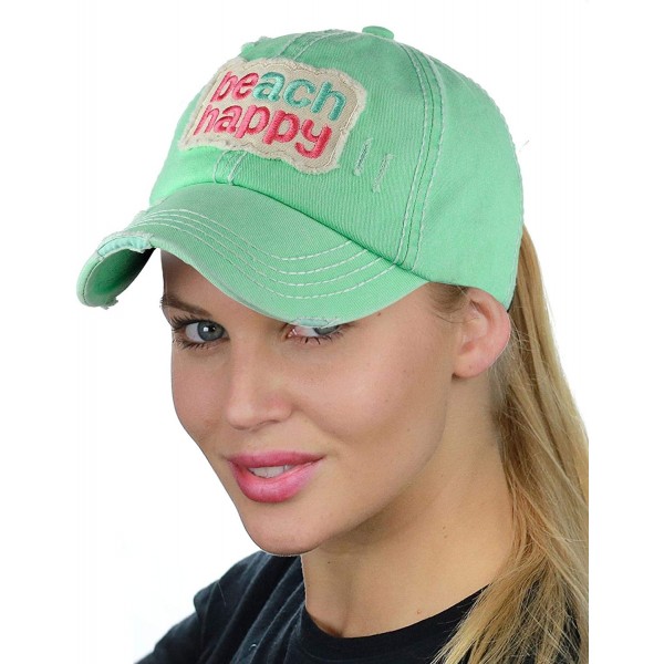 Baseball Caps Womens Distressed Vintage Unconstructed Embroidered Patched Ponytail Mesh Bun Cap - Beach Happy-mint - CY18QL7K...