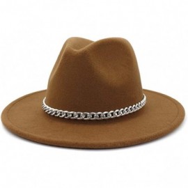 Fedoras Wide Brim Panama Fedoras Hat Felt Hat with Chain Belt for Men Women - Khaki - CZ193MQA3LR $26.57