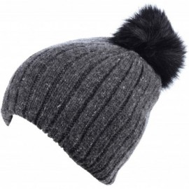 Skullies & Beanies Women's Winter Warm Fleece Lined Rib Knit Faux Fur Pom Beanie Snow Ski Hat - Speckled Charcoal Gray - CA18...