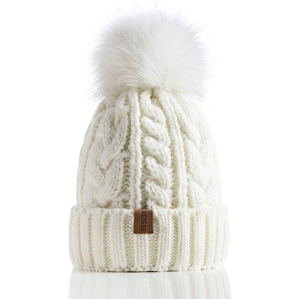 Skullies & Beanies Women Winter Pompom Beanie Hat with Warm Fleece Lined- Thick Slouchy Snow Knit Skull Ski Cap - 1 White - C...