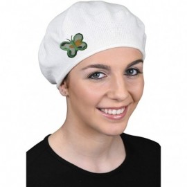 Berets 100% Cotton Beret French Ladies Hat with Army Butterfly Applique - White - CP182WUQKH0 $19.96