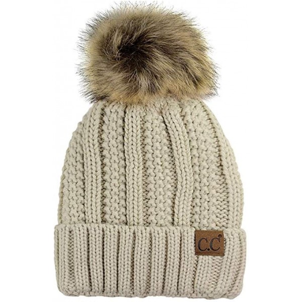 Skullies & Beanies Cable Knit Beanie with Faux Fur Pom - Warm- Soft- Thick Beanie Hats for Women & Men - Beige - CU18Y05K2TH ...