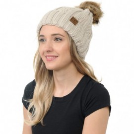 Skullies & Beanies Cable Knit Beanie with Faux Fur Pom - Warm- Soft- Thick Beanie Hats for Women & Men - Beige - CU18Y05K2TH ...