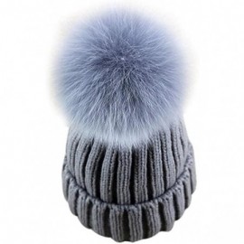Skullies & Beanies Womens Girls Knitted Fur Hat Real Large Silver Fox Fur Pom Pom Beanie Hats - Light Gray Gray Pom - CP1825K...