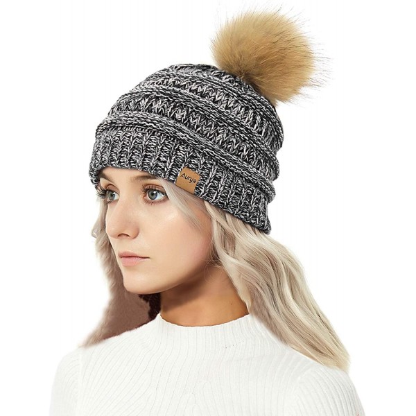 Skullies & Beanies Cable Knit Pom Pom Beanie Womens Winter Warm Faux Fur Pompoms Bobble Ski Hat Cap - Black/White Mix - CB18K...