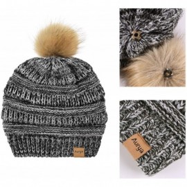 Skullies & Beanies Cable Knit Pom Pom Beanie Womens Winter Warm Faux Fur Pompoms Bobble Ski Hat Cap - Black/White Mix - CB18K...