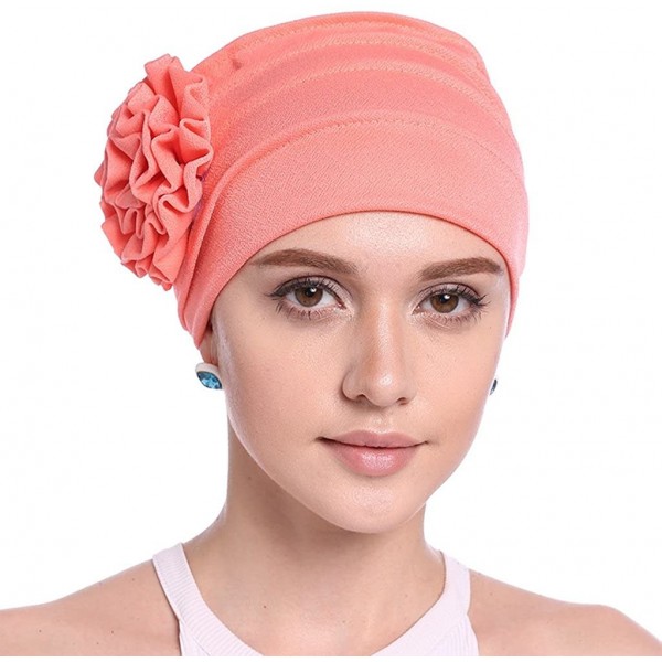 Skullies & Beanies Women Chemo Cap Turban Headwear Sleep Hat with Elegant Side Flower Pleated Skull Caps - Rose Red - C3183WN...