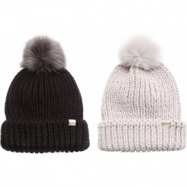 Skullies & Beanies Women's Winter Solid Ribbed Knitted Beanie Hat with Faux Fur Pom Pom - 1 Black & 1 Light Grey - CR188DDC99...