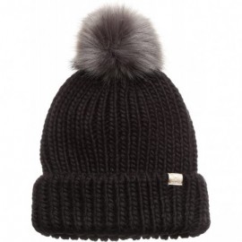 Skullies & Beanies Women's Winter Solid Ribbed Knitted Beanie Hat with Faux Fur Pom Pom - 1 Black & 1 Light Grey - CR188DDC99...