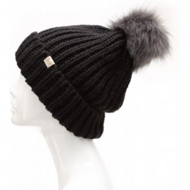 Skullies & Beanies Women's Winter Solid Ribbed Knitted Beanie Hat with Faux Fur Pom Pom - 1 Black & 1 Light Grey - CR188DDC99...