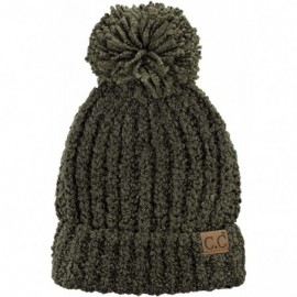 Skullies & Beanies Women's Chenille Soft Stretchy Pom Cuffed Knit Beanie Cap Hat - New Olive - CF18IQE832I $10.92