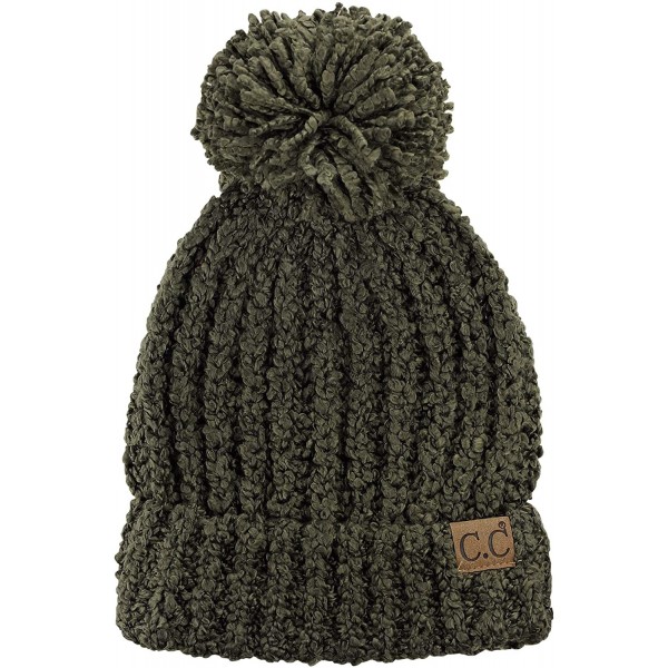 Skullies & Beanies Women's Chenille Soft Stretchy Pom Cuffed Knit Beanie Cap Hat - New Olive - CF18IQE832I $10.92