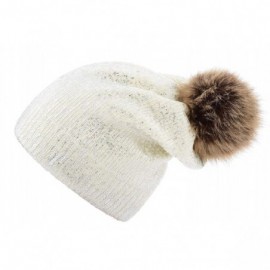 Skullies & Beanies Women Winter Warm Knit Thick Skull Hat Cap Pom Pom Shiny Slouchy Beanie Hats - Beanie White-sliver - C018I...
