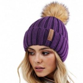 Skullies & Beanies Womens Winter Knitted Beanie Hat with Faux Fur Pom Warm Knit Skull Cap Beanie for Women - 17-dark Purple -...