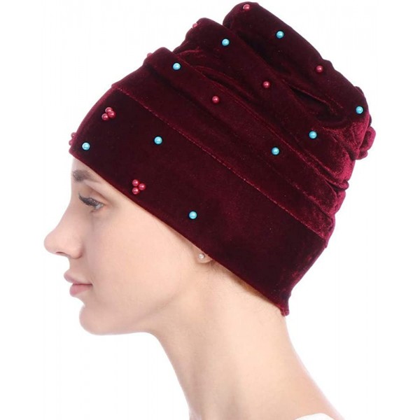 Skullies & Beanies Women Hearwear Velvet Hat Muslim Ruffle Cancer Chemo Beanie Wrap Cap - Wine - CG18I3IO593 $6.34