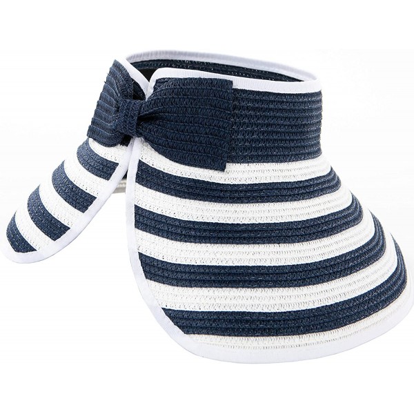 Visors Women's Sun Visor Wide Brim Straw Roll up Ponytail Hat - Navy/White - Stripe - CN198565T3U $26.99