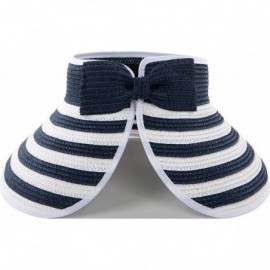 Visors Women's Sun Visor Wide Brim Straw Roll up Ponytail Hat - Navy/White - Stripe - CN198565T3U $26.99