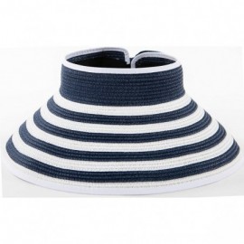 Visors Women's Sun Visor Wide Brim Straw Roll up Ponytail Hat - Navy/White - Stripe - CN198565T3U $31.31