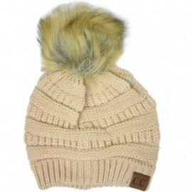 Skullies & Beanies Soft Stretch Cable Knit Ribbed Faux Fur Pom Pom Beanie Hat - New Beige - CK12O7MPC2W $17.80