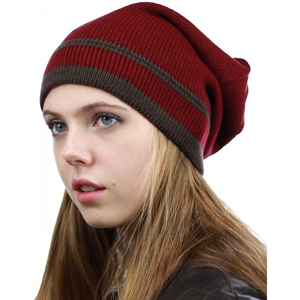 Skullies & Beanies Trendy Baggy Slouchy & Comfort Knitted Daily Beanie Hat w/Stripe - Burg/Brown - C712HPYE7OF $10.07