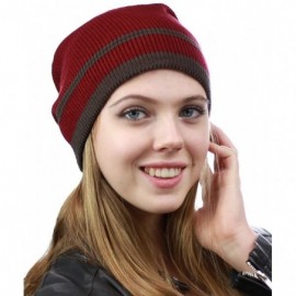 Skullies & Beanies Trendy Baggy Slouchy & Comfort Knitted Daily Beanie Hat w/Stripe - Burg/Brown - C712HPYE7OF $10.07