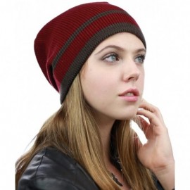 Skullies & Beanies Trendy Baggy Slouchy & Comfort Knitted Daily Beanie Hat w/Stripe - Burg/Brown - C712HPYE7OF $10.07