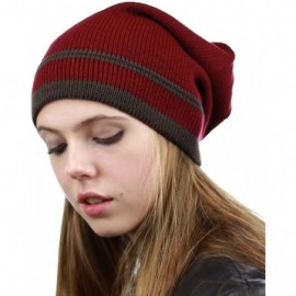 Skullies & Beanies Trendy Baggy Slouchy & Comfort Knitted Daily Beanie Hat w/Stripe - Burg/Brown - C712HPYE7OF $10.07