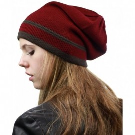 Skullies & Beanies Trendy Baggy Slouchy & Comfort Knitted Daily Beanie Hat w/Stripe - Burg/Brown - C712HPYE7OF $10.07