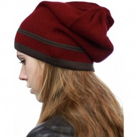 Skullies & Beanies Trendy Baggy Slouchy & Comfort Knitted Daily Beanie Hat w/Stripe - Burg/Brown - C712HPYE7OF $10.07