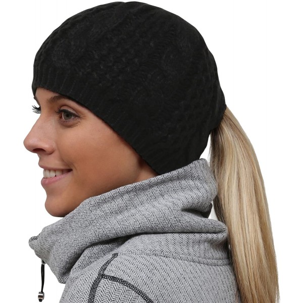 Skullies & Beanies Ponytail Hat - Cable Knit Winter Beanie for Women - Black - CI12K2YFRAR $24.26