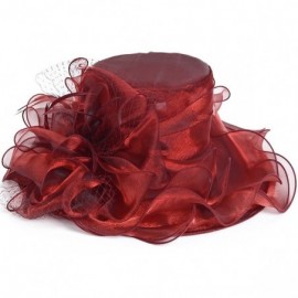 Sun Hats Women Organza Church Kentucky Derby Dress Fascinator Wide Brim Floral Tea Party Wedding Hat - Claret - CP12F6X4PK3 $...