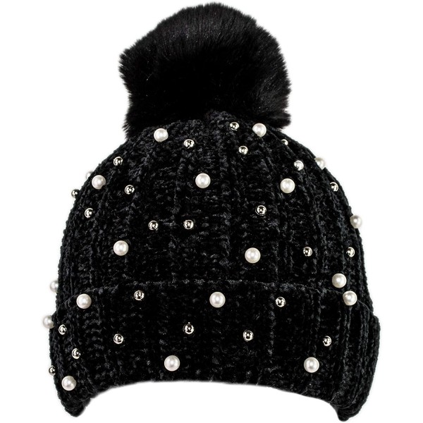 Skullies & Beanies Warm Winter Extra Soft Chenille Knit Pearl Silver Stud Beanie Toboggan Hat with Fur Pom for Women - Jet Bl...