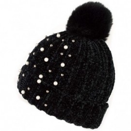 Skullies & Beanies Warm Winter Extra Soft Chenille Knit Pearl Silver Stud Beanie Toboggan Hat with Fur Pom for Women - Jet Bl...