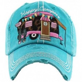 Baseball Caps Adjustable Happy Camper Distressed Baseball Cap Hat - Leopard Cheetah Turquoise Blue - CJ18R2Q6ZNG $22.81