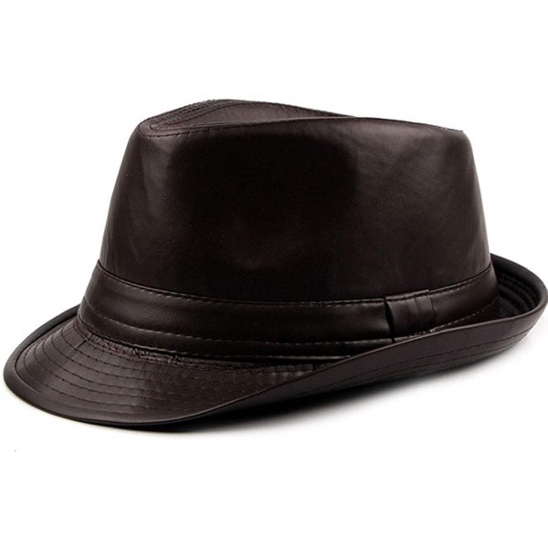 Fedoras PU Leather Trilby Fedoras Panama Jazz-Hat Short Brim Bowler Hat - Coffee - C518ME9XY9D $14.55