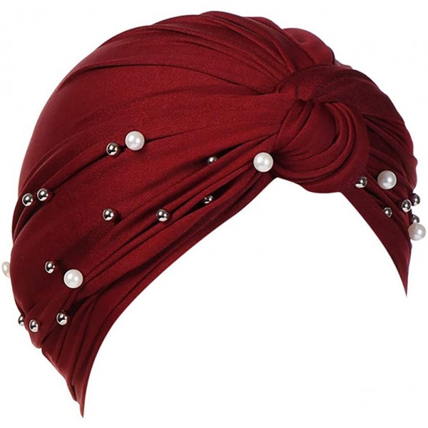 Skullies & Beanies Women Muslim Turban Pearl Hat Bonnet Hijab Headscarf Islamic Chemo Cap - Wine - CO18RZXHNO8 $10.60