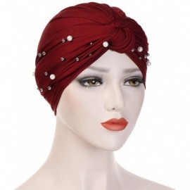 Skullies & Beanies Women Muslim Turban Pearl Hat Bonnet Hijab Headscarf Islamic Chemo Cap - Wine - CO18RZXHNO8 $10.60