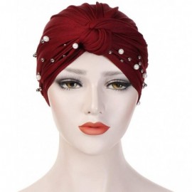 Skullies & Beanies Women Muslim Turban Pearl Hat Bonnet Hijab Headscarf Islamic Chemo Cap - Wine - CO18RZXHNO8 $10.60