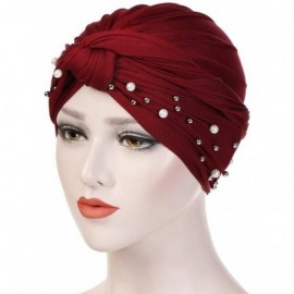 Skullies & Beanies Women Muslim Turban Pearl Hat Bonnet Hijab Headscarf Islamic Chemo Cap - Wine - CO18RZXHNO8 $10.60